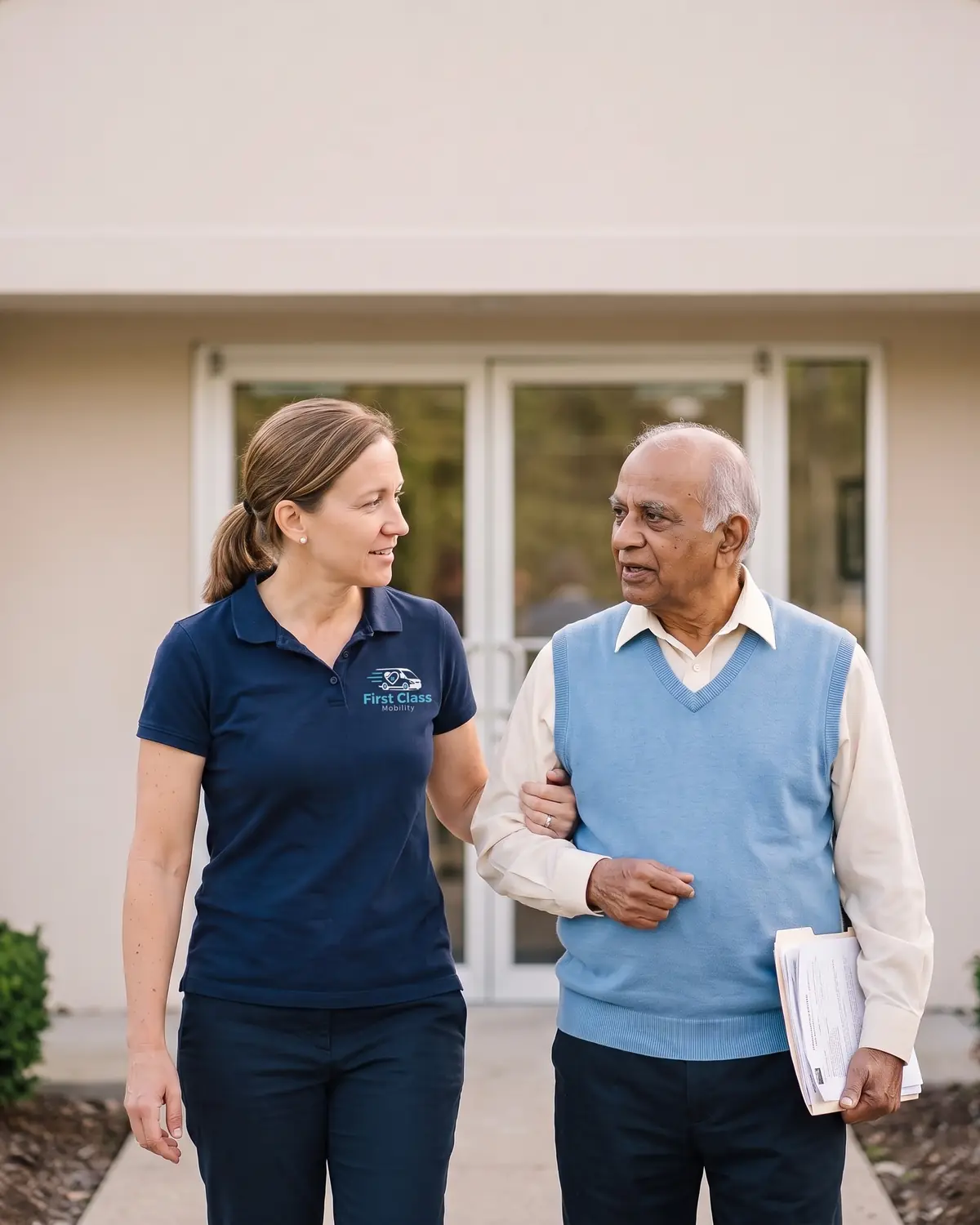 A First Class Mobility driver walks arm in arm with a rider up the path to a clinic entrance.