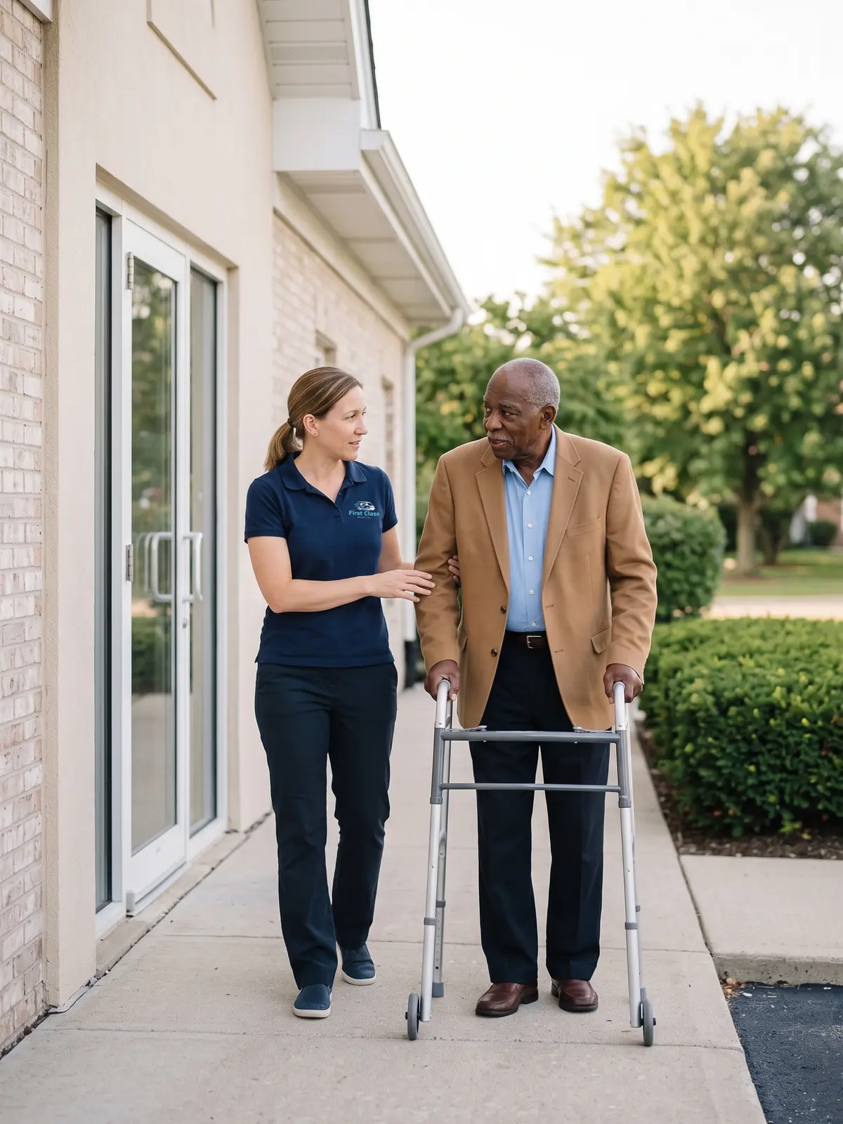 A First Class Mobility driver walks beside a rider with a walker toward the entrance of a medical office.
