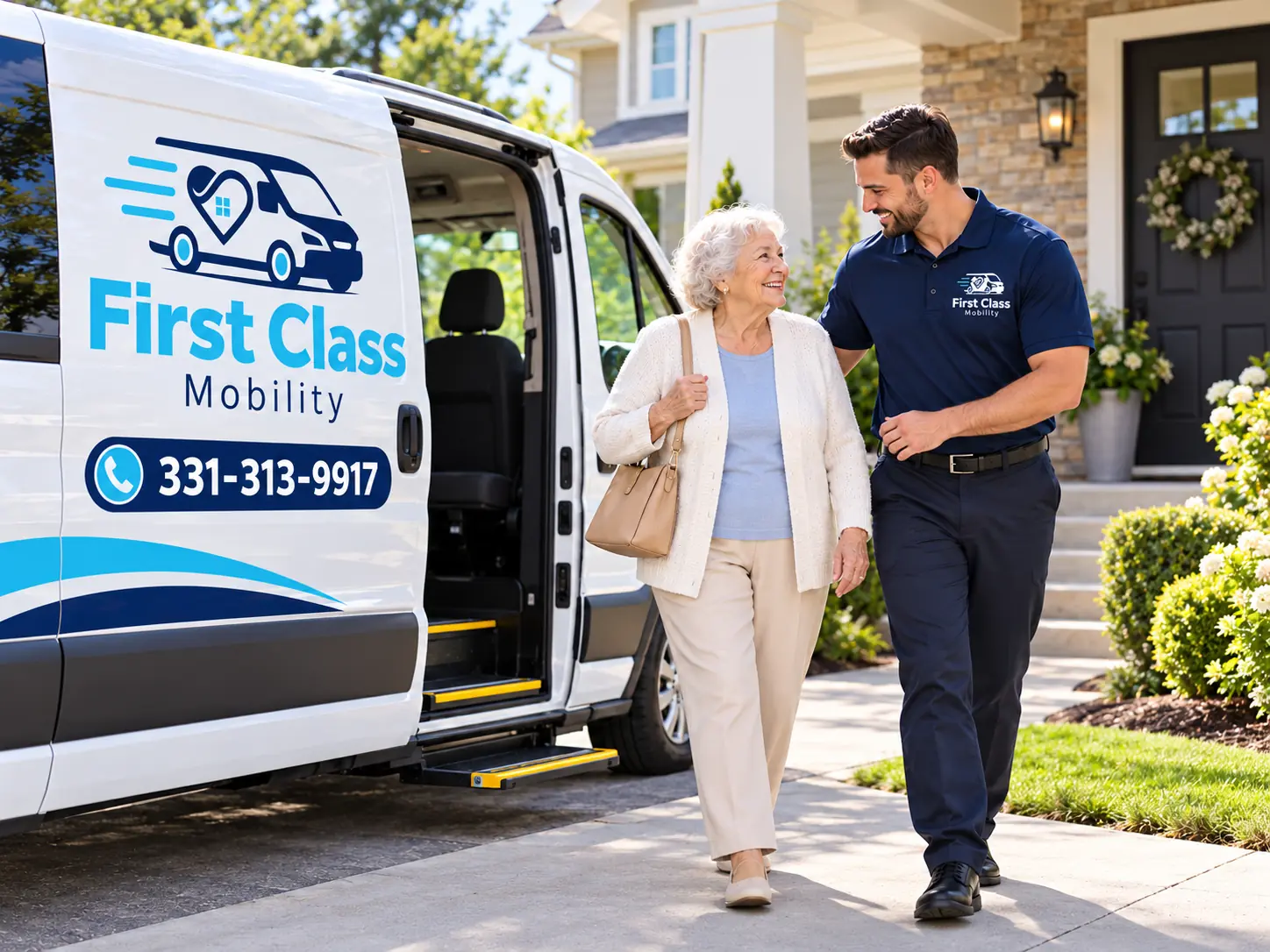A First Class Mobility driver walks beside an older woman from her front door to the company van, its side door open.