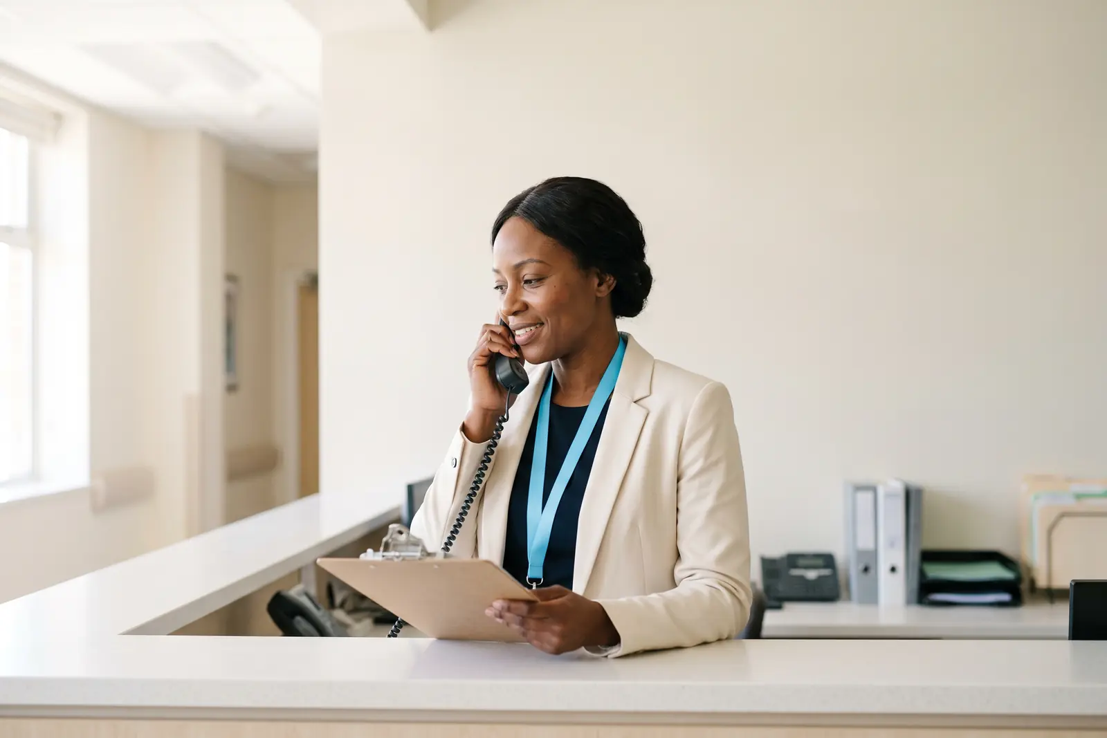 A discharge planner takes a call at a bright, tidy nurses' station.