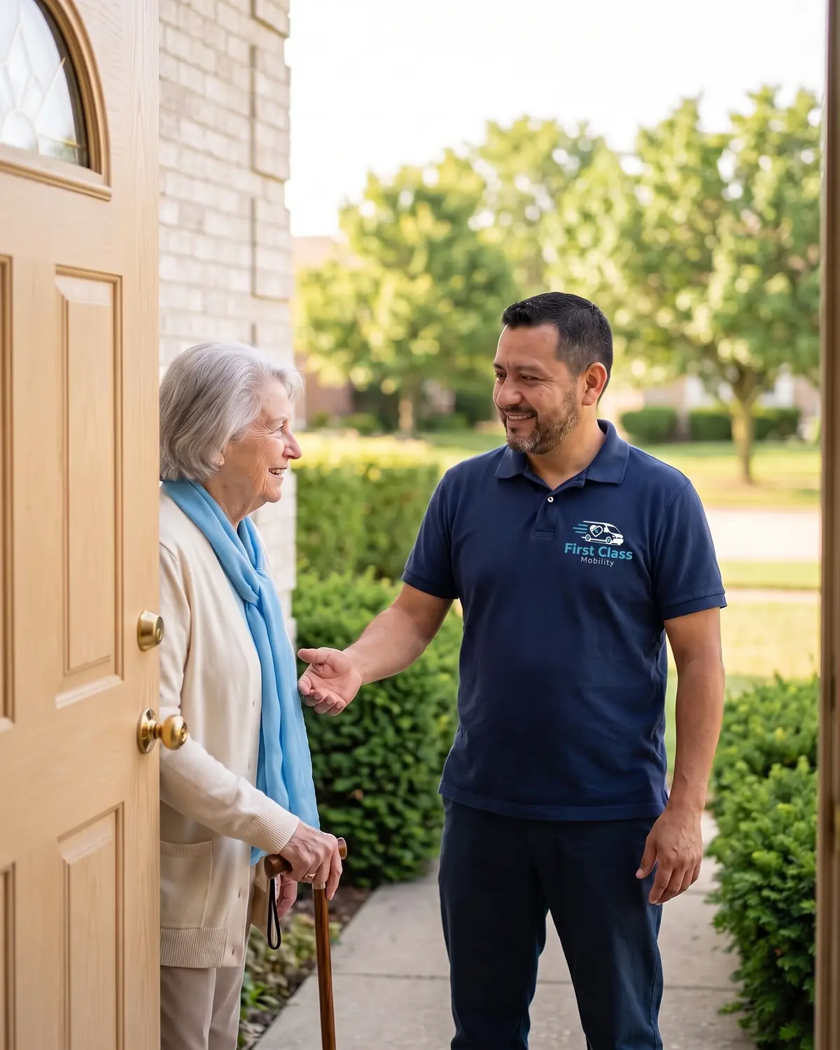 A First Class Mobility driver greets an older woman with a cane at the front door of her home in the Chicago suburbs.