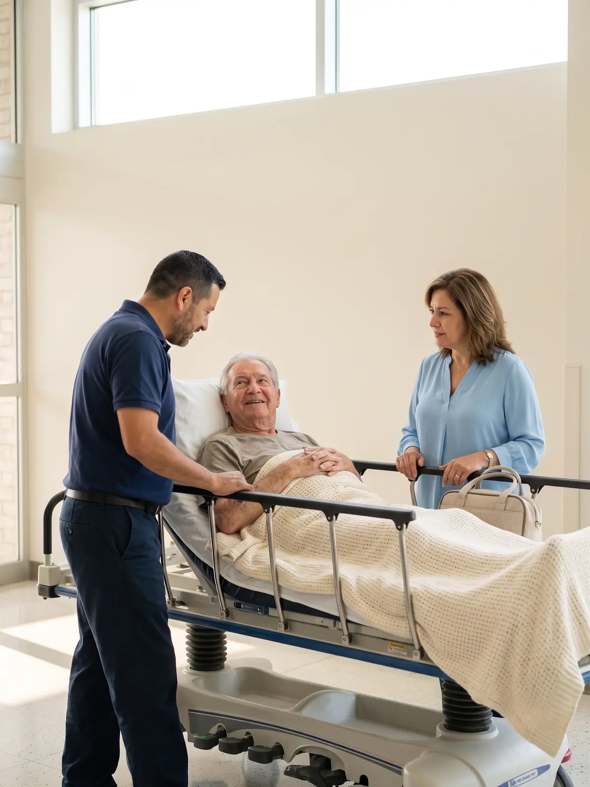 A rider on a stretcher smiles in a bright hospital discharge lobby, with a First Class Mobility driver and the rider's daughter beside him.