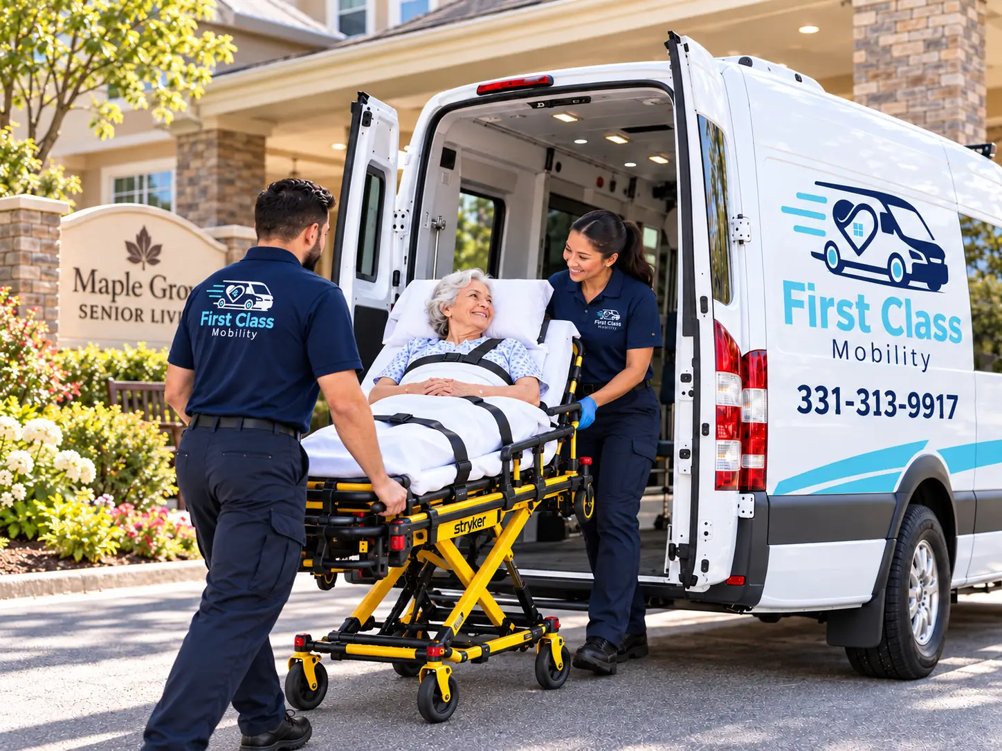 Two First Class Mobility crew members wheel a smiling rider on a stretcher to the open back doors of the company van outside a senior living community.