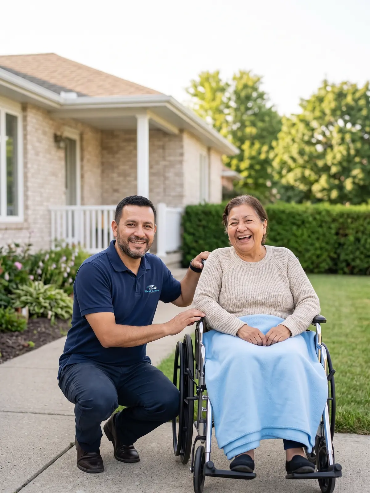 A First Class Mobility driver crouches beside a rider in her wheelchair on the front walk of her home.