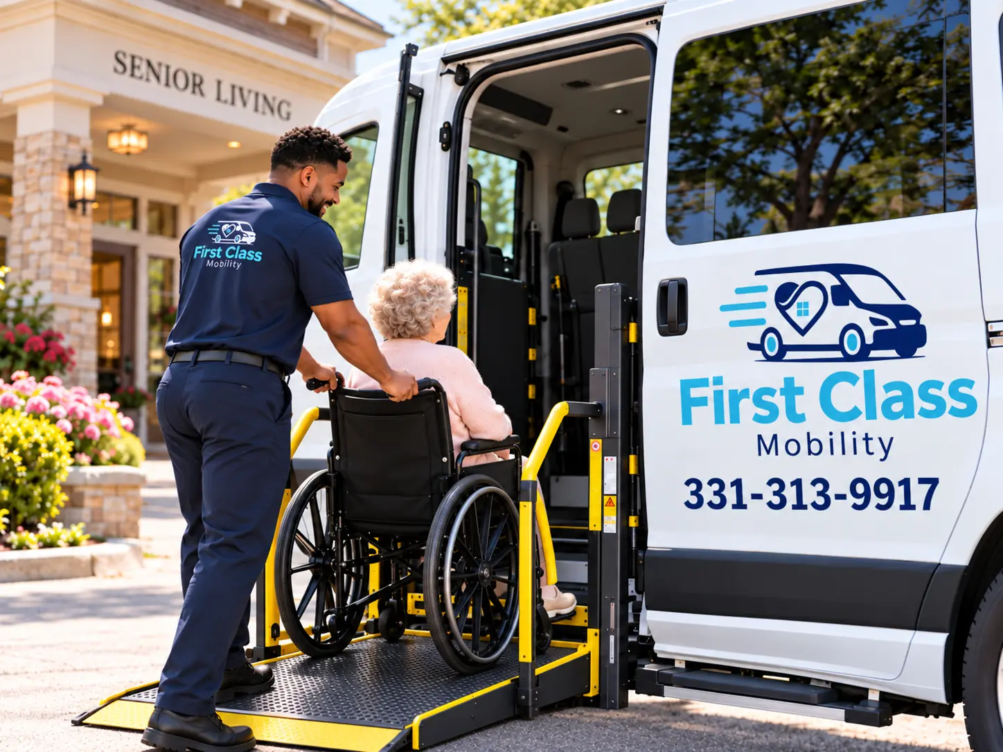 A First Class Mobility driver guides a rider in a wheelchair onto the lift of the company van outside a senior living community.