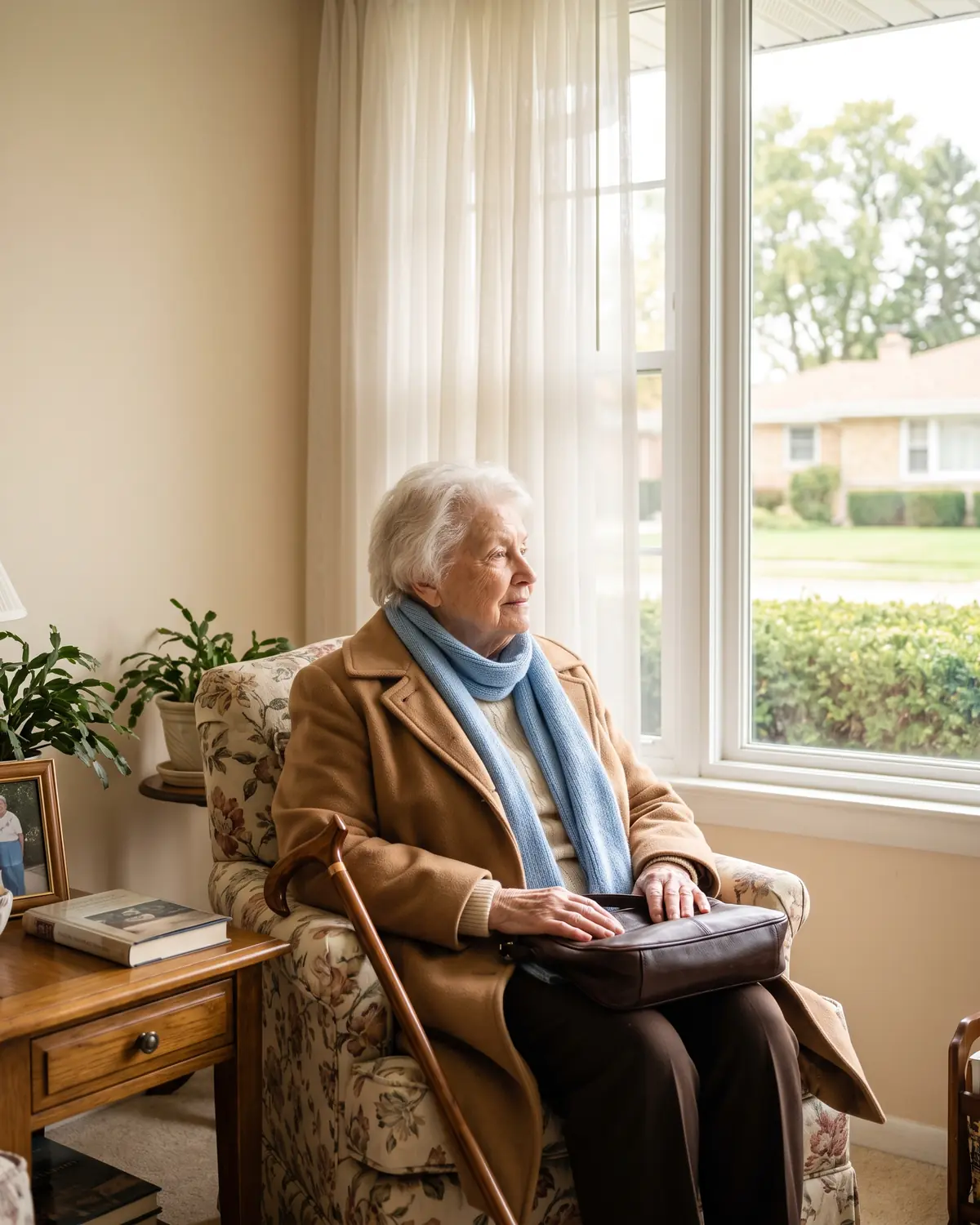 An older woman dressed to go out waits in an armchair by her front window, her handbag on her lap.